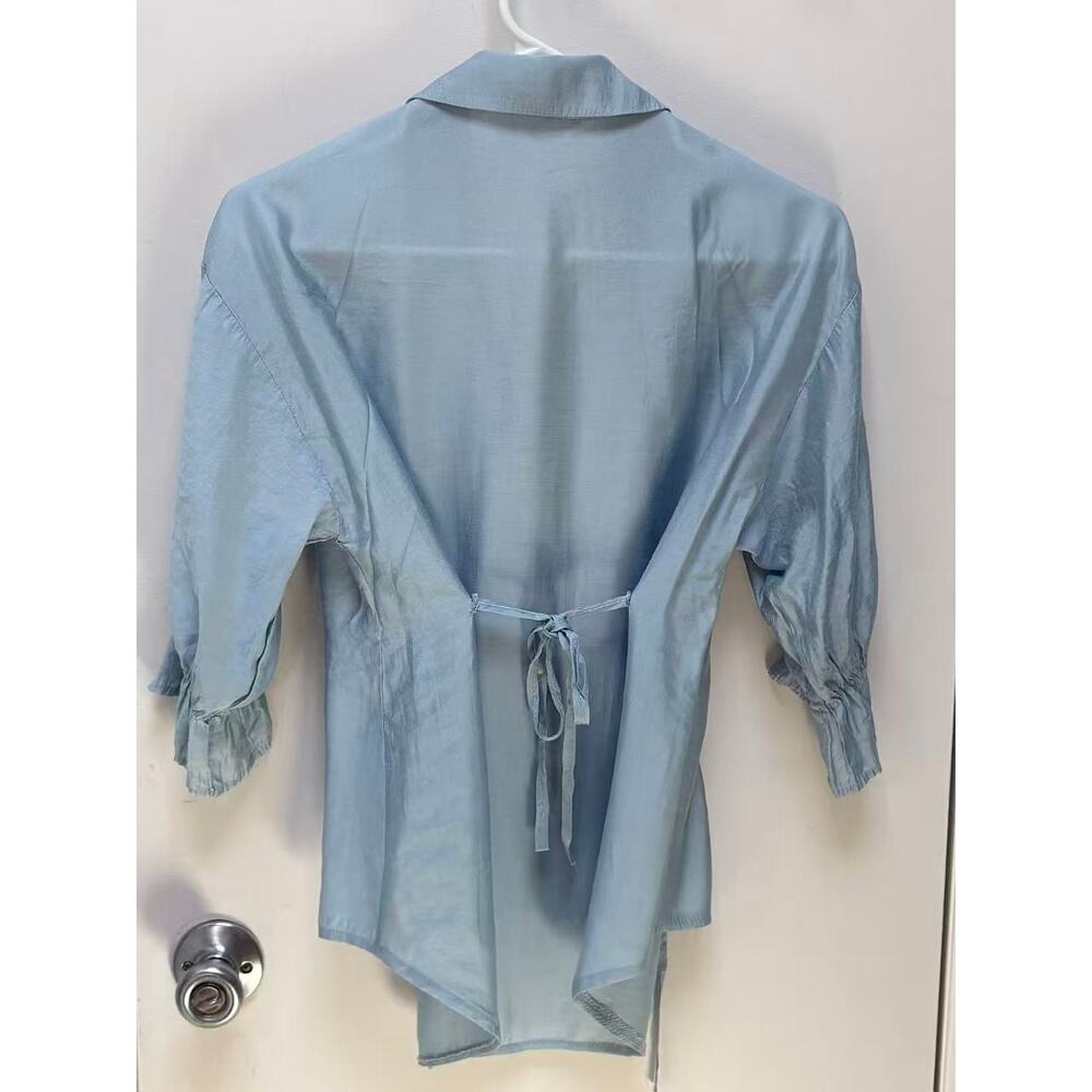 Women Light Blue Shirt Blouse Tie Front Cinched Waist Ruffle Sleeve Top Casual M - Picture 3 of 9
